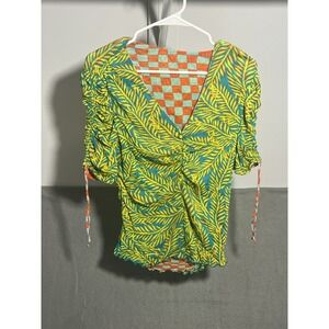 Reversible Tropical Leaf Checkered Ruched V-Neck Top Women's Small